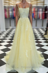 Yellow tulle lace long Semi Formal Prom Dresses yellow lace formal Dresses